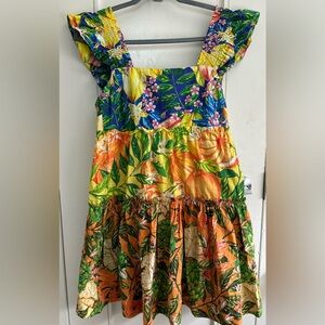 Farm Rio Tropical Caipirinha Mini Dress Vibrant Print Tiered Cotton Small